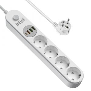 4 Prises Multiprise avec USB C + Interrupteur +Câble 2M, BEVA Bloc Multiprise 2500W/10A 3 USB-A +1 USB-C, Multiprise Parafoudre et Surtension, Blanc (Fudong Tech., neuf)