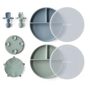 Moonkie Assiette B&eacute;b&eacute; Silicone avec Ventouse, Lot de 2, avec Fourchette et Cuill&egrave;re, Couvercle, Antid&eacute;rapante (Menthe/Bleu clair) (moonkie store, neuf)