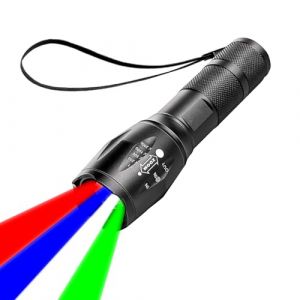 LIAISIMI lampe de poche LED 4 en 1 avec lumière rouge, verte, bleue, blanche, rechargeable, lampe de poche multifonction avec lampe de poche étanche à distance (Rouge + bleu + vert + blanc) (outdoorFred, neuf)
