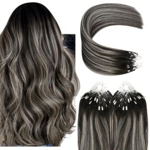 YoungSee Extension Pose a Froid Ombre Extension Loop Cheveux Naturel Ombre Noir à Argent Anneaux Extension Cheveux a Froid 20 Pouces 50 Cm Extension Cheveux Micro Ring (YoungSee Europe, neuf)