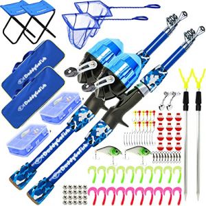 DaddyGoFish Enfants Canne &agrave; p&ecirc;che t&eacute;lescopique Spincast Combo Chaise Pliable Porte-Canne bo&icirc;te &agrave; app&acirc;ts Filet et Sac de Transport gar&ccedil;ons et Filles - Paquet de 2, Bleu + Bleu, 4ft (DADDYGOFISH, neuf)