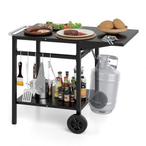 GOPLUS Desserte Jardin Chariot de Barbecue avec 2 Roues, Desserte Ext&eacute;rieur pour Barbecue, Plancha avec Plateau Pliant, 4 Crochets M&eacute;talliques,96,5x64x75cm, Noir (Augenstern24, neuf)