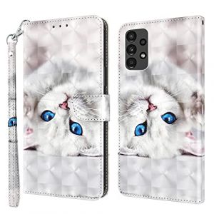 GLANDOTU Coque pour Samsung Galaxy A04S/Samsung A13 4G/5G, &eacute;tui Portefeuille en Cuir PU avec [TPU Protecteur Antichoc] [Fonction Debout] [Porte-Cartes] pour Samsung Galaxy A13 4G/5G -Chat Blanc (Rio tinto made rapid, neuf)