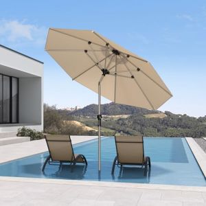 PURPLE LEAF Parasol de Jardin Extérieur Inclinable 2,45 m Rond, Parasol Droit avec Châssis en Aluminium Champagne, Parasol Balcon Toile UPF 50+ pour Jardin Terrasse Patio Piscine, Kaki (PURPLE LEAF, neuf)