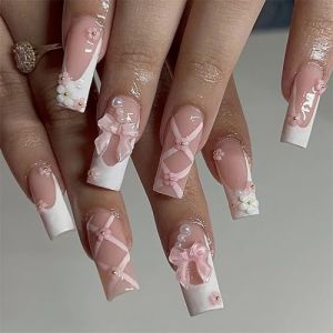 Faux ongles, ongles à presser Faux ongles longs en forme de cercueil avec colle, faux ongles marron portables avec strass, presse de Ballet, couverture complète(7) (zhangtingamz, neuf)