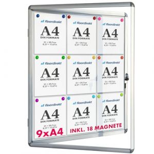 Floordirekt | Panneau d'affichage en aluminuim, vitrine d'affichage avec serrure à clé | Panneau arrière magnétique - Porte avec serrure - Cadre en aluminium | 24 aimants inclus| 9 x A4 (MEISTEREI, neuf)