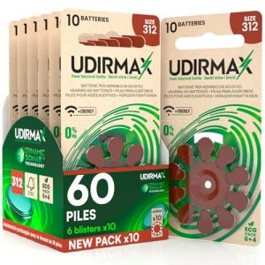 60 Piles Auditives PR41 Taille 312 (Marron) Udirmax Zinc-Air 0% Mercure 1,45V Eco Pack - 6 Blisters &Eacute;cologiques de 10 Piles (Eurocali, neuf)