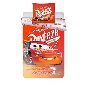 Parure de lit Disney Cars pour lit Junior | Housse de Couette 100x135 cm & taie d&rsquo;Oreiller 40x60 cm, 100% Coton | Douce & Respirante | Literie Lightning McQueen pour Enfants | Lit b&eacute;b&eacute;/Junior (GC TradeVision FR, neuf)