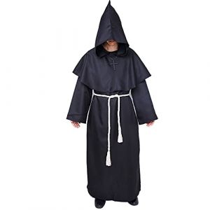 Myir JUN Deguisement Moine, Deguisement Halloween Homme Prêtre Médiéval Capot Encapuchonné Moine Costume avec Croix Renaissance Robe de Prêtre Halloween Robe (Noir, XXL) (Myir JUN-EU, neuf)