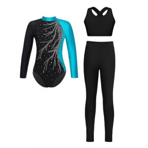 Sinleey 3Pcs Ensemble Gymnastique Fille Justaucorps Manches Longues avec Legging et Brassi&egrave;re Sport Gym Tenue V&ecirc;tement Danse Patinage Artistique Bleu Lac 9-10 ans (Sinleey, neuf)
