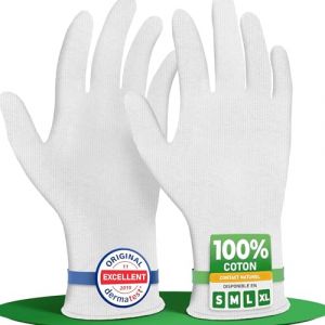 Gants en coton blancs (Dermatest: Excellent) soins de nuit, peaux sensibles/peau atopique, sous-gants hydratants, c&eacute;r&eacute;monie, photo n&eacute;gatifs, numismatique, anti-traces (3 paires, L) (evivox, neuf)