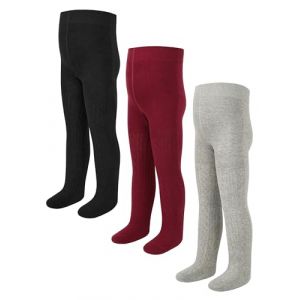 LOLANTA 3 paires de collants en tricot pour b&eacute;b&eacute;s filles, collants d'&eacute;cole c&ocirc;tel&eacute;s pour enfants, Noir/Gris clair/Bordeaux, 8-10 ans, XXL (LOLANTA, neuf)