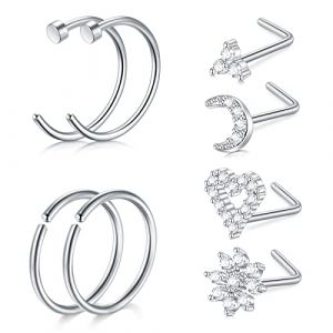 Mayhoop 20G Piercing Nez Piercing pour le Nez en Acier Chirurgical avec Diamant Brillant en Forme de Coeur en L Stud de Nez pour Femmes Hommes 8pcs (Mayhoop, neuf)