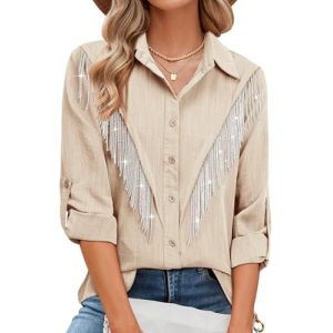 MYMORE Chemise boutonn&eacute;e avec franges &agrave; strass et manches 3/4 pour femme, pour tenue de cowgirl, concert Nashville, western, XX-Large (MAOYUESHANGMAO, neuf)