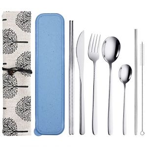 9 Set Couverts voyage avec Etui, QLFJ-FurDec Couverts Lunch Box en Inox avec Couteau Fourchette Cuill&egrave;re Baguettes de Nettoyage Brosse Pailles Ensemble, Couvert Transportable, Couverts Camping (QLFJ-FurDec, neuf)