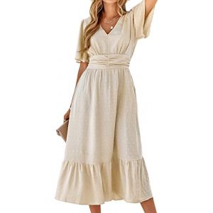 BebreezChic Robe d'été longue bohémienne élégante à manches courtes et col en V Taille haute Motif à pois suisses froncées Robe de plage, beige, S (BebreezChic, neuf)