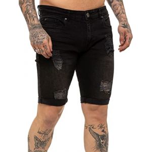 989Zé ENZO Short en Jean Stretch Slim fit pour Homme, Jean troué, Pantalon à Trous cassés avec Fermeture éclair EZS383 Noir 34 (RAW DENIM, neuf)