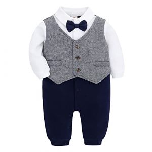 famuka Bébé garçon Barboteuse Vêtements Costume Manteau Gentleman en Coton de Baptême Noël Mariage (Gris, 9-12 mois) (FAMUKA HOME, neuf)