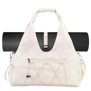 SIVENKE Sac de sport pour femme avec compartiment à chaussures et compartiment humide, sac de transport pour tapis de yoga, sac de loisirs, sac de natation, sac de gym pour homme et femme, beige (Zhongdeqi, neuf)