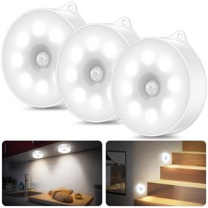 Lumiere detecteur de Mouvement Interieur, Lampe led Detecteur de Mouvement，3*AAA Fonctionnement &agrave; piles, Lampe led sans fil, pour armoire, escaliers, placard, cuisine (3 morceaux de blanc froid) (HIKOO, neuf)