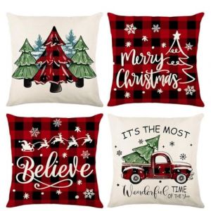 FengRise 4pcs Housse Coussin No&euml;l, Rouge et Blanche Housse de Coussin Noel 45x45cm, avec Motifs Tartan Rouge et Noir, Sapins de No&euml;l, Lin Taie de Coussin Noel pour D&eacute;corer Lit, Canap&eacute;, Chambre, Salon (FengUp, neuf)