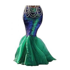 Achlibe Jupe Femme Sir&egrave;ne Queue Paillettes Maxi Jupe Costume Hologramme M&eacute;tallique Scintillant Queue de Poisson Robe &agrave; Volants Jupe Asym&eacute;trique, L (QUWGEDG, neuf)