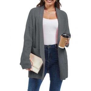 crazy bean Cardigan Femme Hiver Gilet Long Chic et Elegant Ouvert Chaud avec Poches Tricot &Eacute;pais D&eacute;contract&eacute; Grosse Maille Gris L (Acozyu, neuf)