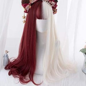 GUANBBD Perruque de cosplay Lolita Harajuku mixte beige rouge perruque longue droite bouclée douce cheveux synthétiques frange adulte fille cosplay quotidien perruque bouclée uniquement (GUANBAIJI1982, neuf)