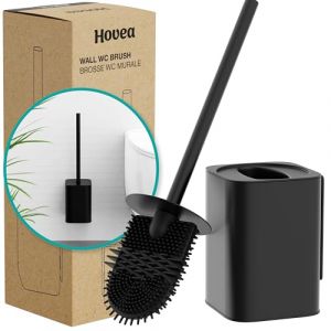 Hovea - Kit Brosse WC Suspendu - Brosse Silicone Plate & Boitier Métal - Coloris Noir Mat - sans Perçage - Fixation Murale avec Sticker ou Vis - Balai Brosse Toilettes Décoration - WC3010 (Shantilly FR, neuf)