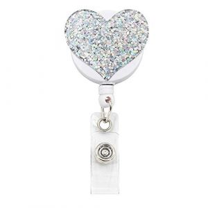 1 bobine de porte-badge rétractable avec clip de ceinture en forme de cœur pailleté pour filles, infirmières, enseignantes, étudiantes, argentées (Tool-Supermart, neuf)