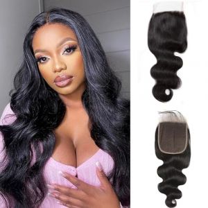 Tissage Bresilien en lot Cheveux Humains Vierges Tissage Brésilien lisse lot Tissage Closure 100% Cheveux Humain Naturelles raide mèches Body Wave(14 pouces/35 cm, 4x4 Lace Closure) (Feibin Hair Products E-Business, neuf)