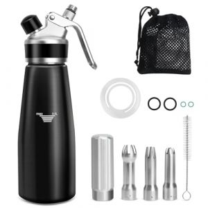 Siphon Chantilly, 500ml Siphon de Chantilly pour Mousses et Crèmes,Decorating Gâteaux et Desserts, Syphon à crème en Aluminium avec 3 Douilles en Acier Inoxydable,Sac en filet,Brosse de Nettoyage (ColCospie, neuf)