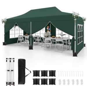 GOPLUS 3x6M Tonnelle Jardin Pliable, Hauteur Réglable, Entrées Zippées, Fenêtres, Sac de Transport, Sac Lesté Pavillon Portable Instantanée Pop-Up pour Fête,Mariage (3x6M-Pliable,Vert-avec Bâche) (Augenstern24, neuf)