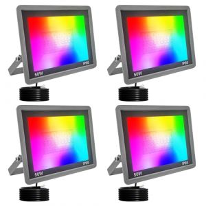 Fosingut RGBCW Projecteur LED Ext&eacute;rieur 50W,Spot LED Couleur 2700K-6500K,Contr&ocirc;le l'APP/Musique Sync/Minuteur/Dimmable/&Eacute;tanche Luminaire RGB &Eacute;clairage Ext&eacute;rieur Murale pour Jardin,Cour,No&euml;l,F&ecirc;te-4pcs (Teyinuo Lighting, neuf)