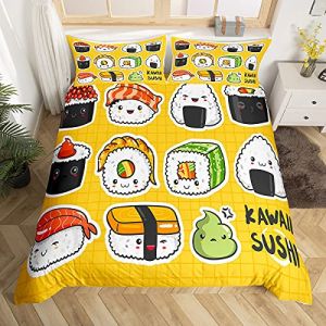 Enfants Mignon Sushi Motif Parure de Lit 220x240cm Style Japonais pour Filles Dessin Animé Japonais Sushi Housse de Couette Respirant Grille Jaune Parure À Carreaux Housse de Couette Room Decor (Bofanshangmao, neuf)