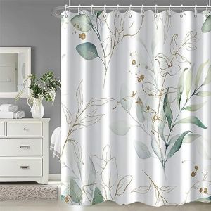 IGINOA Rideau de Douche Anti Moisissure Imperméable 180x200 Vert Shower Curtain Blanc avec Œillets Résistant à la Moisissure pour Lavable Motif Baignoire et Plantes (Malt-EU, neuf)