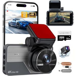 COSYMY Dashcam Voiture Avant Arriere 4K+1080P, Cam&eacute;ra Embarqu&eacute;e WiFi avec Vision Nocturne, Mode Stationnement 24H + Kit de c&acirc;blage ACC, Carte SD 64Go, GPS, G-Sensor, WDR, Enregistrement en Boucle (FOIRE A TOUT, neuf)
