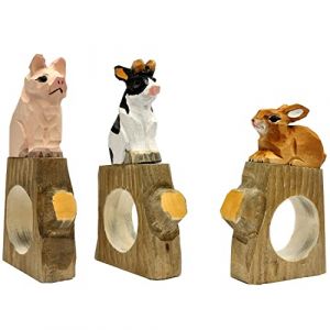 your castle Lot de 3 ronds de serviette en forme d'animaux sur base : lapin, vache et cochon en bois sculpt&eacute; et peint &agrave; la main, env. 11 x 6 x 2 cm (get2trade, neuf)