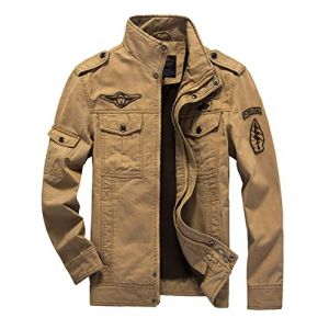 MERCIYD Blouson demi-saison pour homme, style militaire, col montant, blouson d'aviateur, d’armée, de campagne, bomber, en coton, multi-poches, kaki, L (LIIOO, neuf)