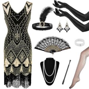 Lot de 9 costumes des années 20 pour femme, robe Charleston à franges, clapette des années 1920, col en V avec accessoires, colliers et boucles d'oreilles, pour robe des années 20 (chaowu-EU, neuf)