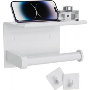 Tindbea Porte Papier Toilette Mural avec Tablette + Crochets pour Serviettes et Peignoirs, Porte-Rouleaux de Papier Hygiénique en Acier Inoxydable à Fixer au Mur par Adhésif ou par Vis (Blanc) (Flylin, neuf)