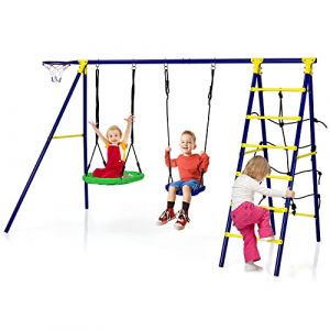 COSTWAY 5 en 1 Balançoire Enfants Extérieur avec Panier de Basket, Balançoire Nid d'Oiseau Ø66 cm et en U avec Hauteur Réglable, Filet & Echelle d’Escalade, Charge 75kg pour 3-12 Ans (FDS GmbH, neuf)