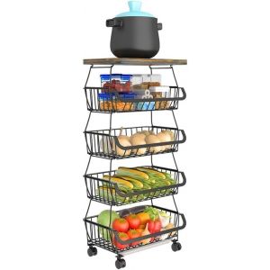Baotkere Paniers de Rangement empilables en Fil de m&eacute;tal avec roulettes, &eacute;tag&egrave;re de Rangement &agrave; 5 Niveaux, Chariot &agrave; Fruits et l&eacute;gumes, &eacute;tag&egrave;re &agrave; Vaisselle pour Salle de Bain, Garage et Garde-Manger (PMDE BAODING BAIGOU TEKE TRADING CO LTD, neuf)