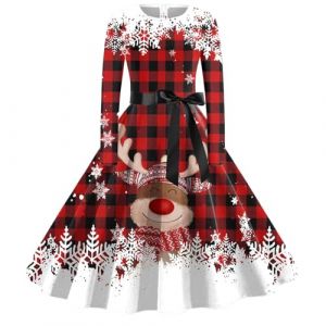 WVONIF Robe de Noël Femme Grande Taille Imprimé Cerfs et Flocons de Neige Robe Rouge Courte Noel Vintage des Années 1950 Retro Rockabilly Pin Up Élégante Robes Déguisement Mere Noel (D-Brick Red, L) (BAULMD（90% Big Promotion Without Discount Code ）, neuf)