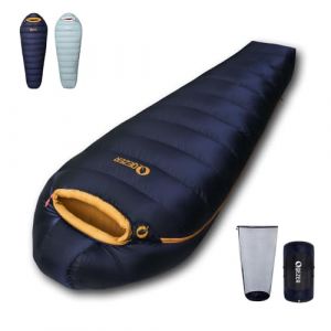 Sac de Couchage QEZER en Duvet pour Adultes, Indice de gonflement 620, 0 degr&eacute;, ultral&eacute;ger,Sac de Couchage Grand Froid, avec Pochette, pour randonn&eacute;e, Camping et randonn&eacute;e. (Bleu fonc&eacute; 1000g Duvet) (QEZER-fr, neuf)