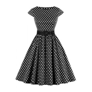 AXOE Femme Robe Vintage Ann&eacute;es 50 Tissu Coton Respirant Coupe A-Line Ceinture Amovible Col Bateau Noir &agrave; Pois Blanc, Taille 50, 4XL (AXOE-FR, neuf)