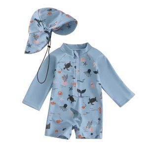 Maillot de Bain Enfant Bébé Garçon de 2 Pièces Anti-UV, Combinaison Zippé à Manches Longues Imprimé + Chapeau à Large Bord Maillot de Bain Bébé Garçon Maillots de Bain Fille (PINTUTU SEXY, neuf)