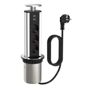 Meisax Prise Escamotable Plan de Travail avec 3 Prises 2 USB Diamètre 80mm Câble 1,8m, Multiprise Encastrable Bloc pour Cuisine Bureau Chambres Salon（chromé） (YDmeitu, neuf)