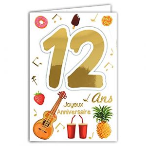 Afie 69-2112 Carte Joyeux Anniversaire 12 ans Ados Gar&ccedil;on Fille - Coupe Gagnant Champion Championne G&acirc;teaux Cupcakes Instruments de Musique Foot (A.F.W., neuf)