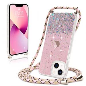 Wirvyuer Coque avec Cordon pour iPhone 13 Coque Collier Paillette T&eacute;l&eacute;phone &Eacute;tui avec Cordon R&eacute;glable Transparent Silicone Case Housse avec Corde pour iPhone 13 Rose (meijiehua, neuf)